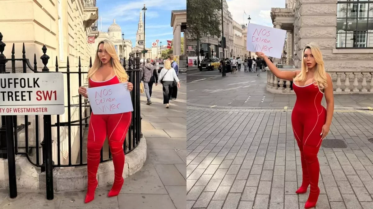 Suellen Carey: protesto na eleição em Londres com placa "Nos deixem viver"